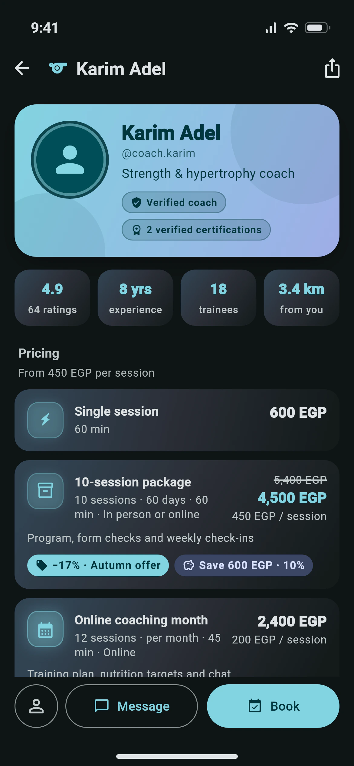 A coach page in Awzany with badges, offers, gallery and certifications