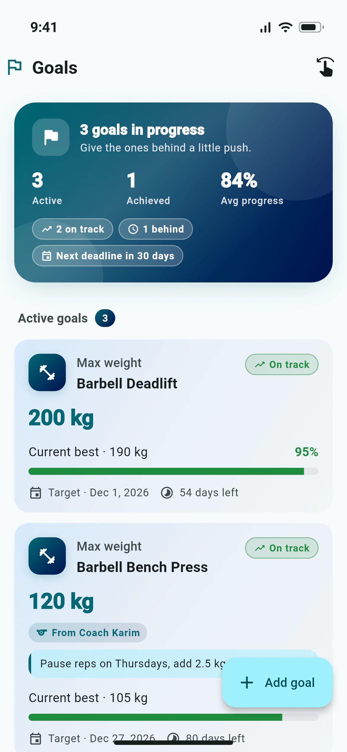 Goals with progress bars and target dates in Awzany