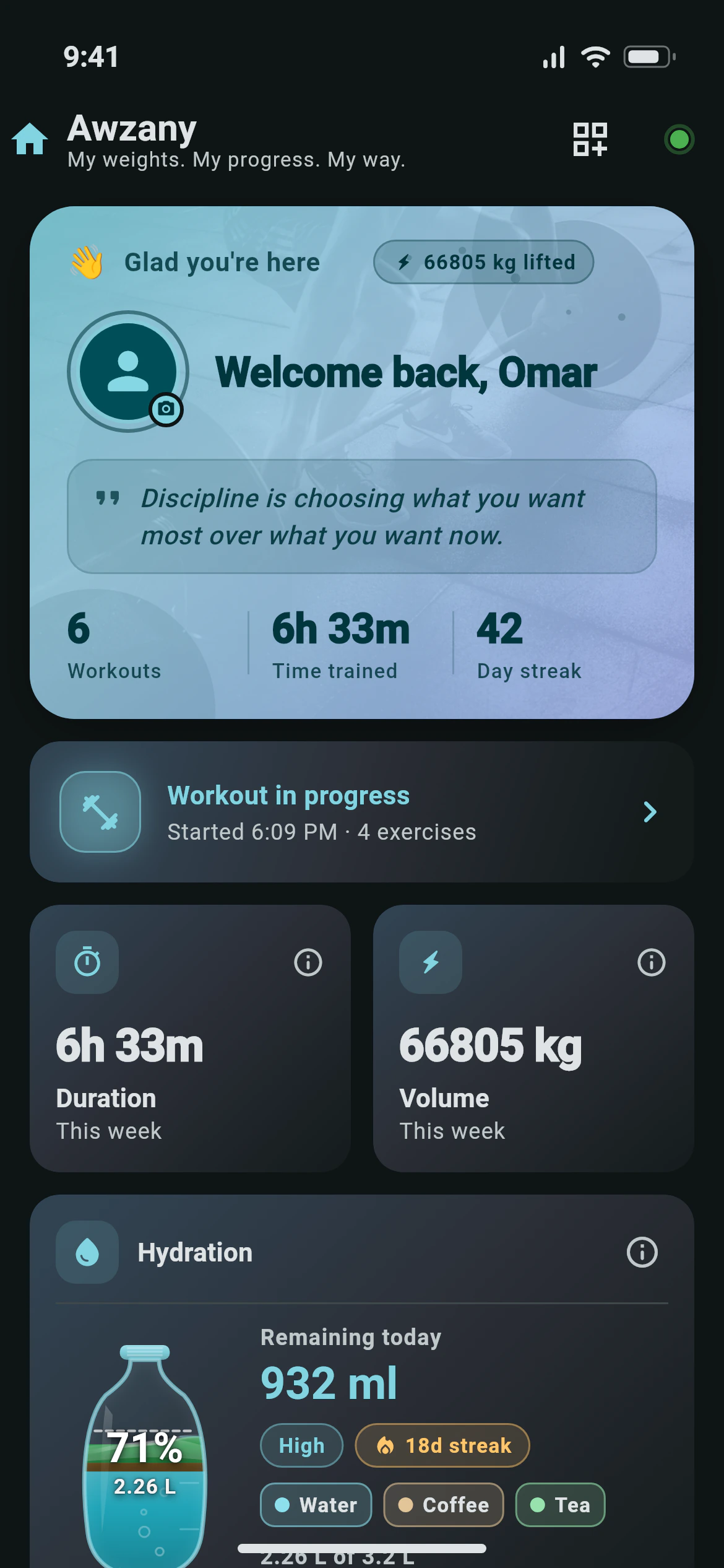 Awzany home screen with the weekly summary, the workout button and progress cards