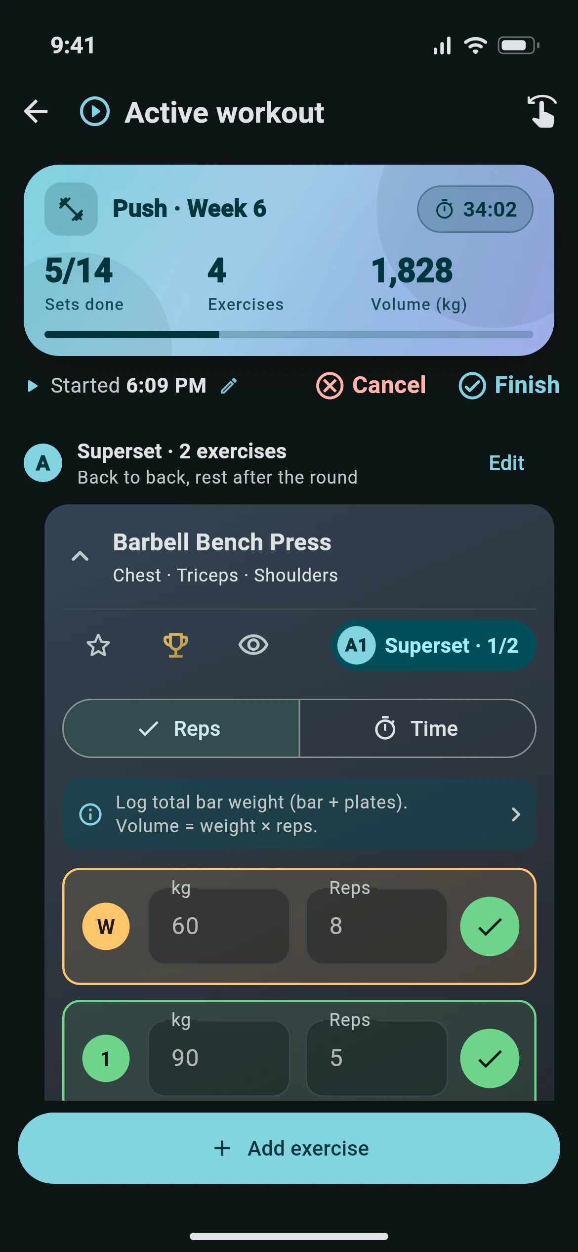 Logging sets during a workout in Awzany, with a bench and incline press superset, weights and reps